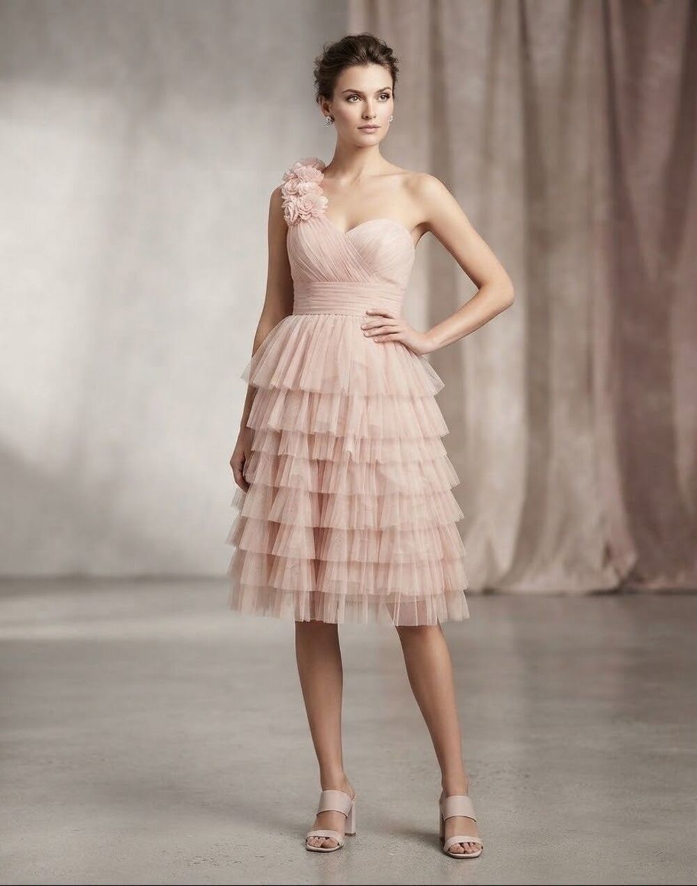 H&M Blush Pink One-Shoulder Ruffled Tulle Dress with Floral Accent Size small